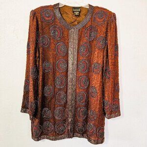 Vintage Women's Beaded Brown Jacket 100% Pure Silk Elegant Size 1X